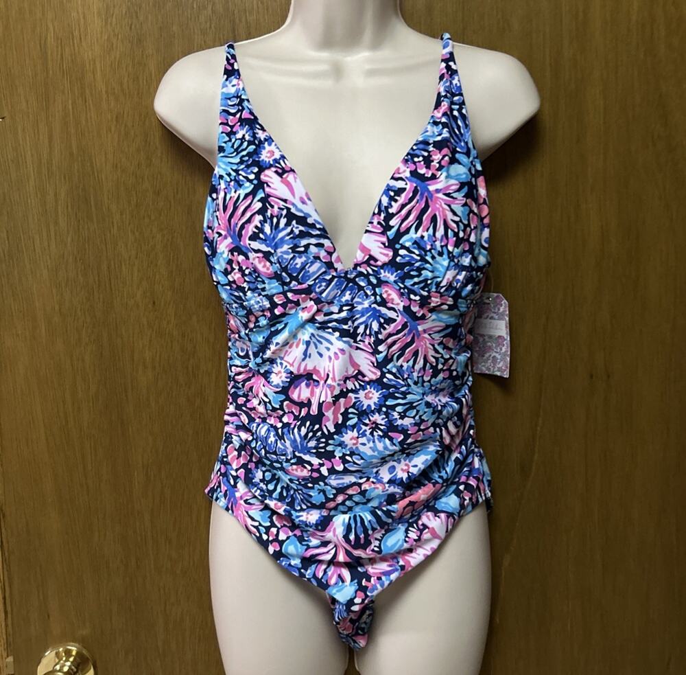 $98 Stella Parker size M Swim Suit 1-piece DEEP V Tropical Blue Pink Teal H26